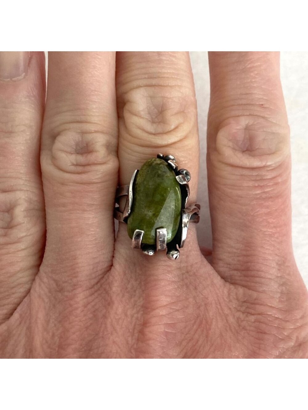 Sterling Silver 925 Modernist Brutalist Style Green Serpentine Stone Ring Sz 7